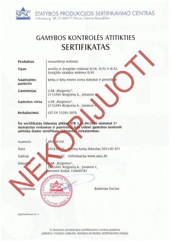 Žvyro gamybos atitikties sertifikatas