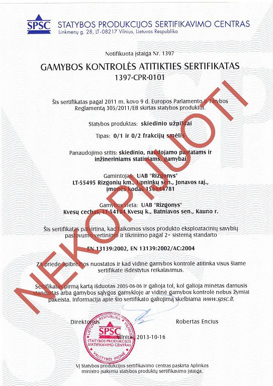 gamybos kontrolės atitikties sertifikatas